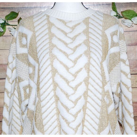 Jane Adams White And Gold Metallic Pullover Sweater Size XL Crewneck - Picture 2 of 8